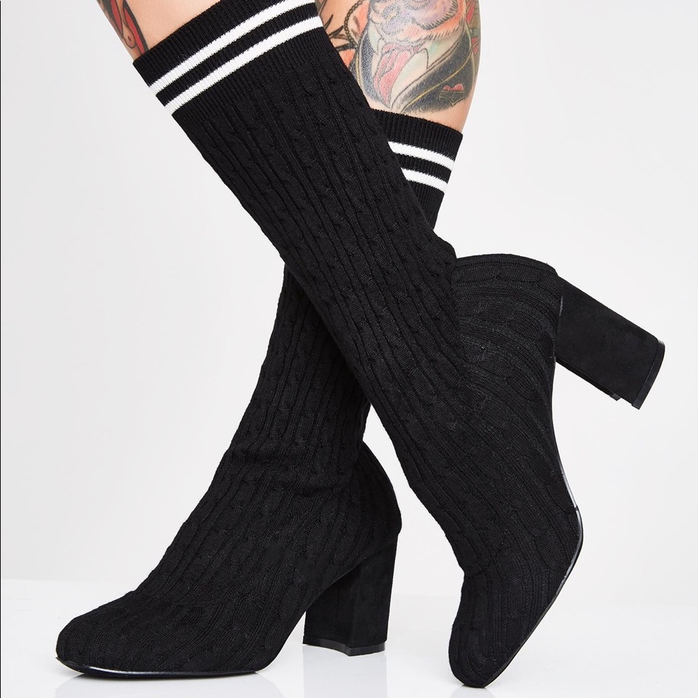 Qupid Cable Knit Sock Chunky Heel Booties US 9